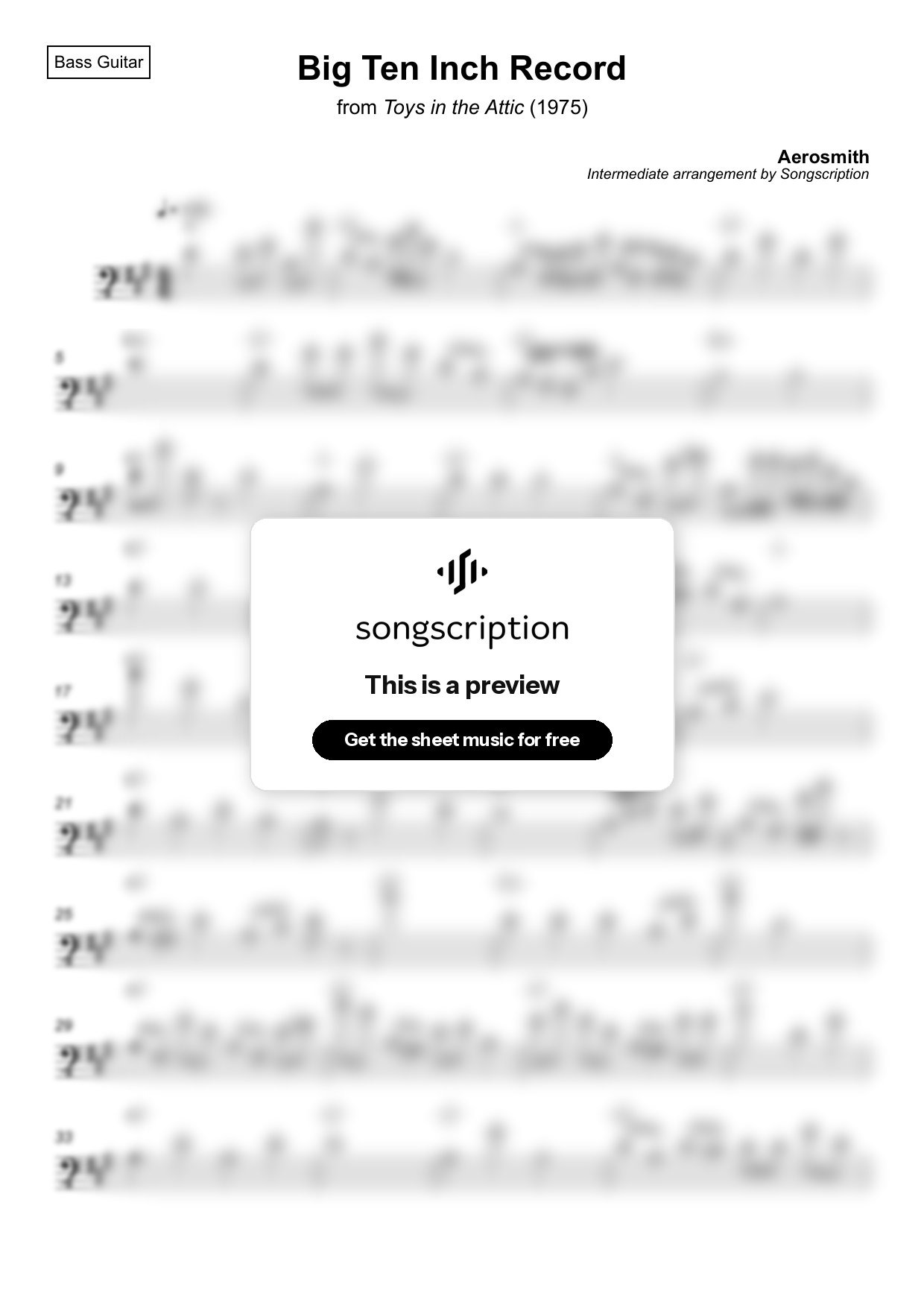 Intermediate Bass Guitar Sheet Music for "Big Ten Inch Record" by Aerosmith