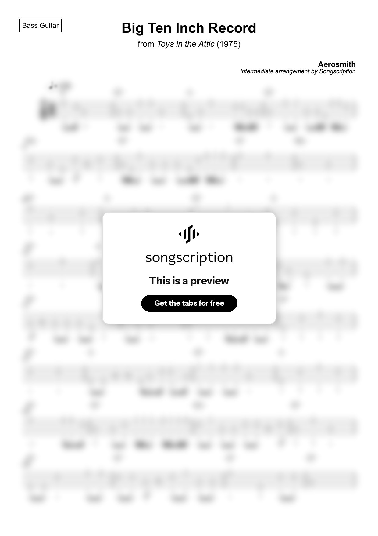 Intermediate Bass Guitar Tabs for "Big Ten Inch Record" by Aerosmith