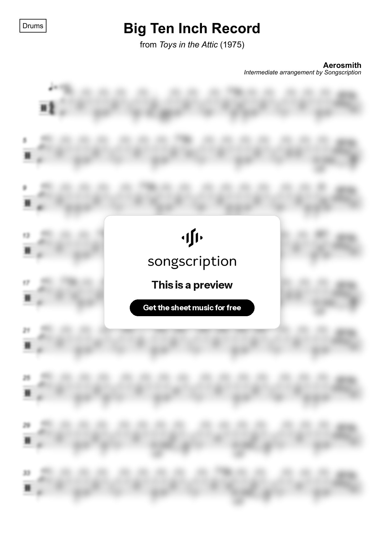 Intermediate Drums Sheet Music for "Big Ten Inch Record" by Aerosmith
