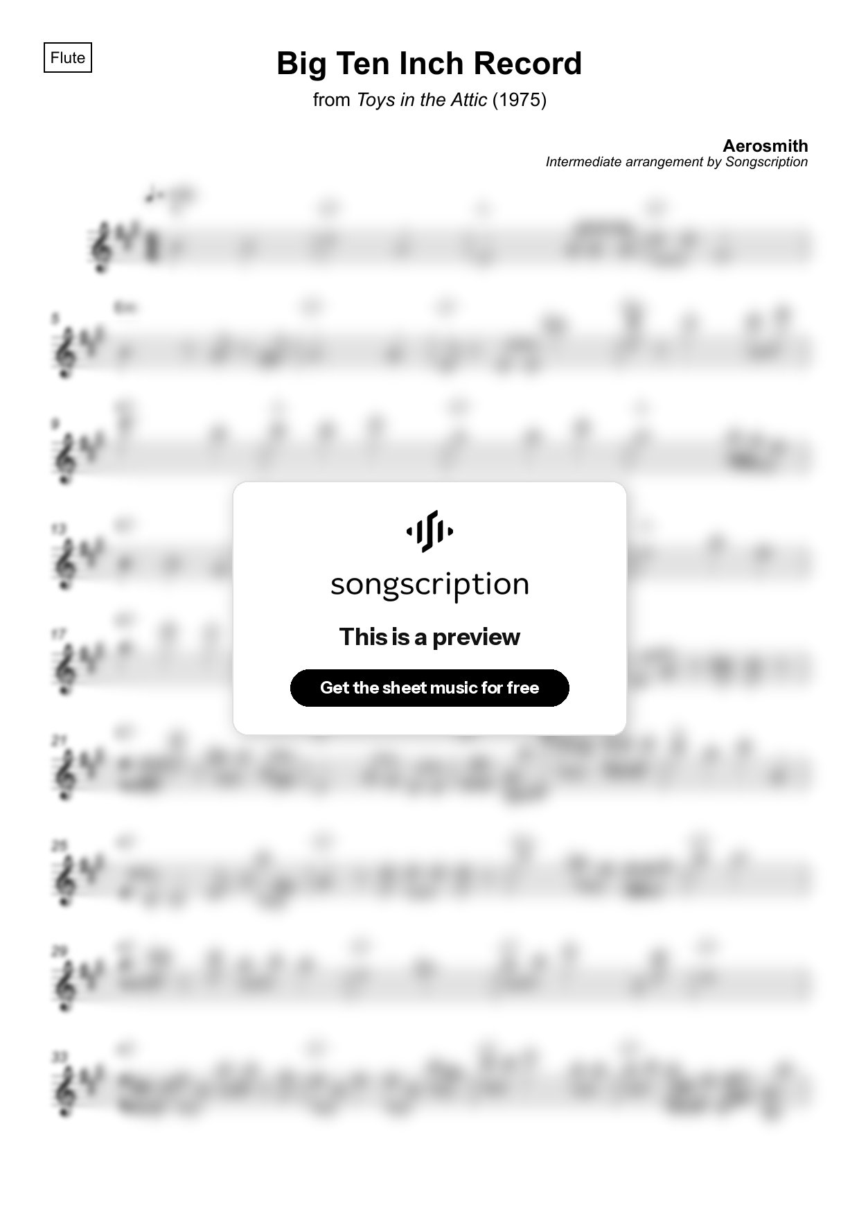Intermediate Flute Sheet Music for "Big Ten Inch Record" by Aerosmith