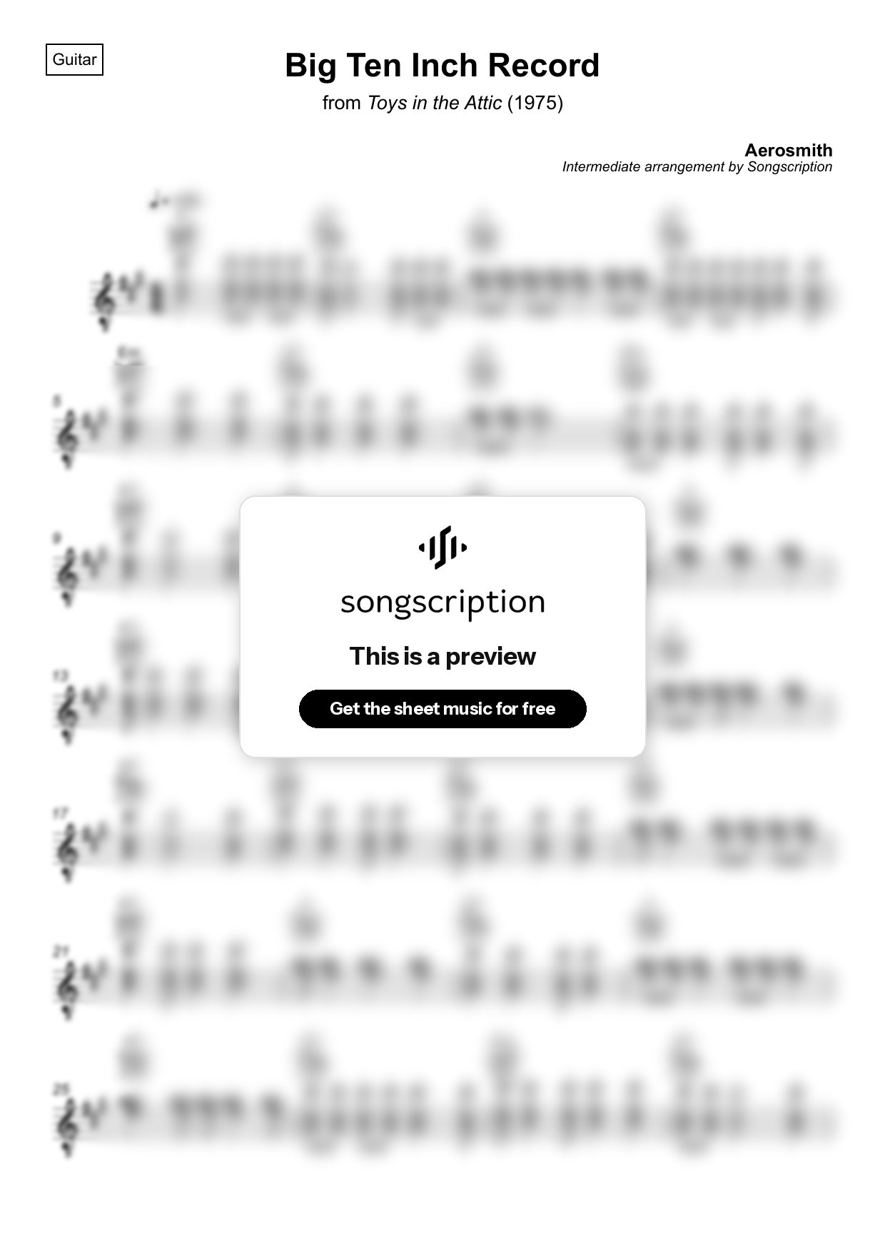 Intermediate Acoustic Guitar Sheet Music for "Big Ten Inch Record" by Aerosmith