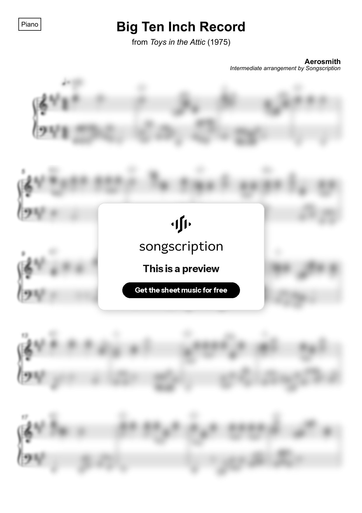 Intermediate Piano Sheet Music for "Big Ten Inch Record" by Aerosmith