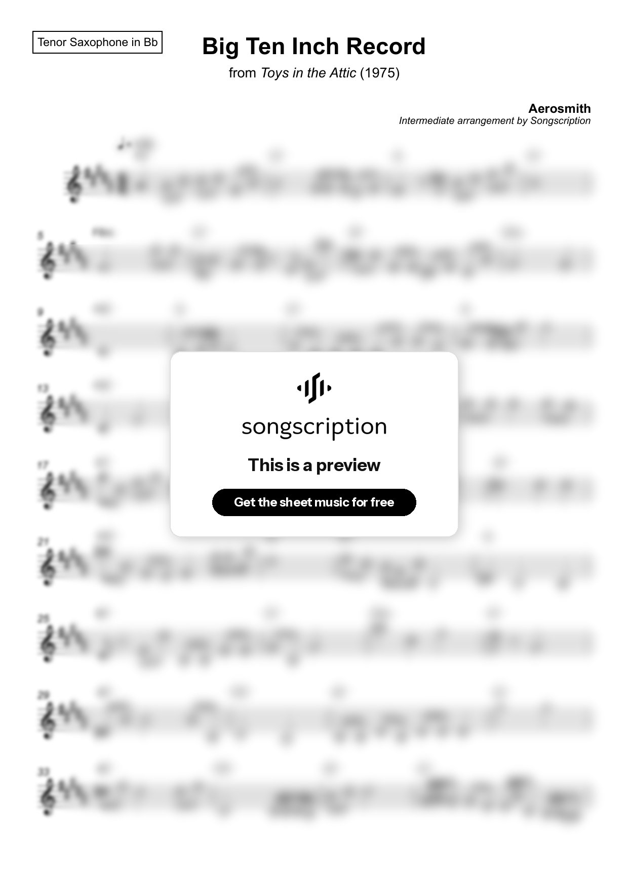 Intermediate Tenor Sax Sheet Music for "Big Ten Inch Record" by Aerosmith