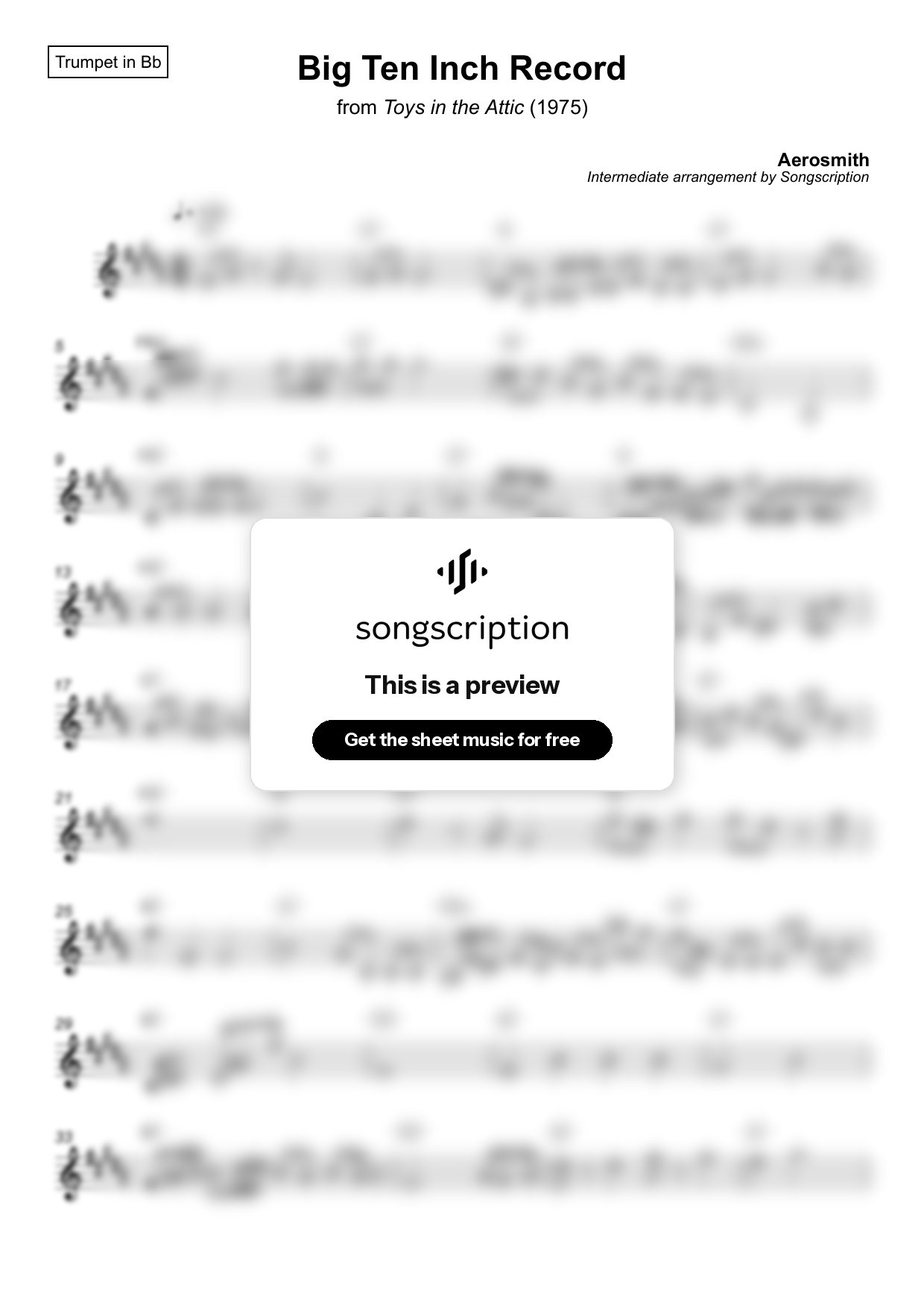 Intermediate Trumpet Sheet Music for "Big Ten Inch Record" by Aerosmith