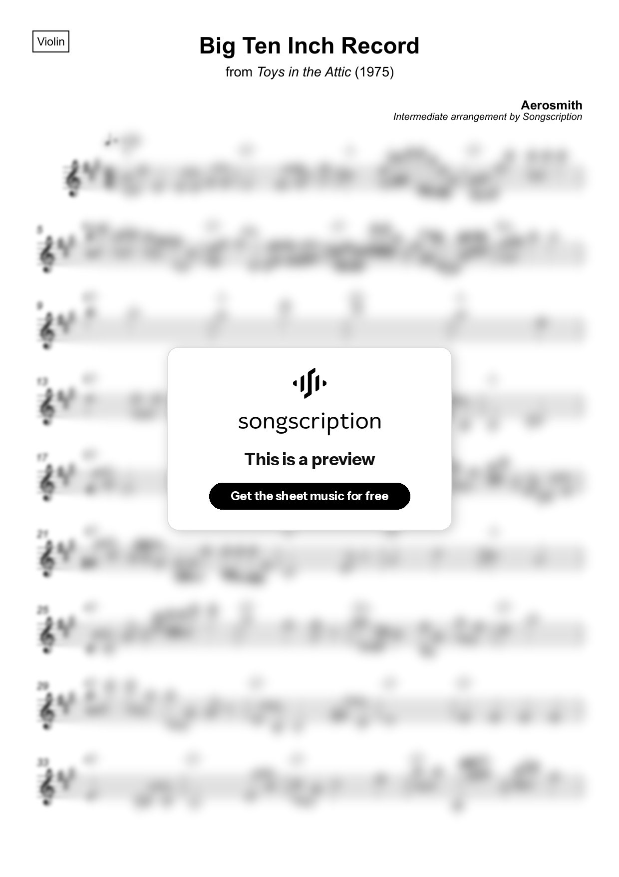 Intermediate Violin Sheet Music for "Big Ten Inch Record" by Aerosmith