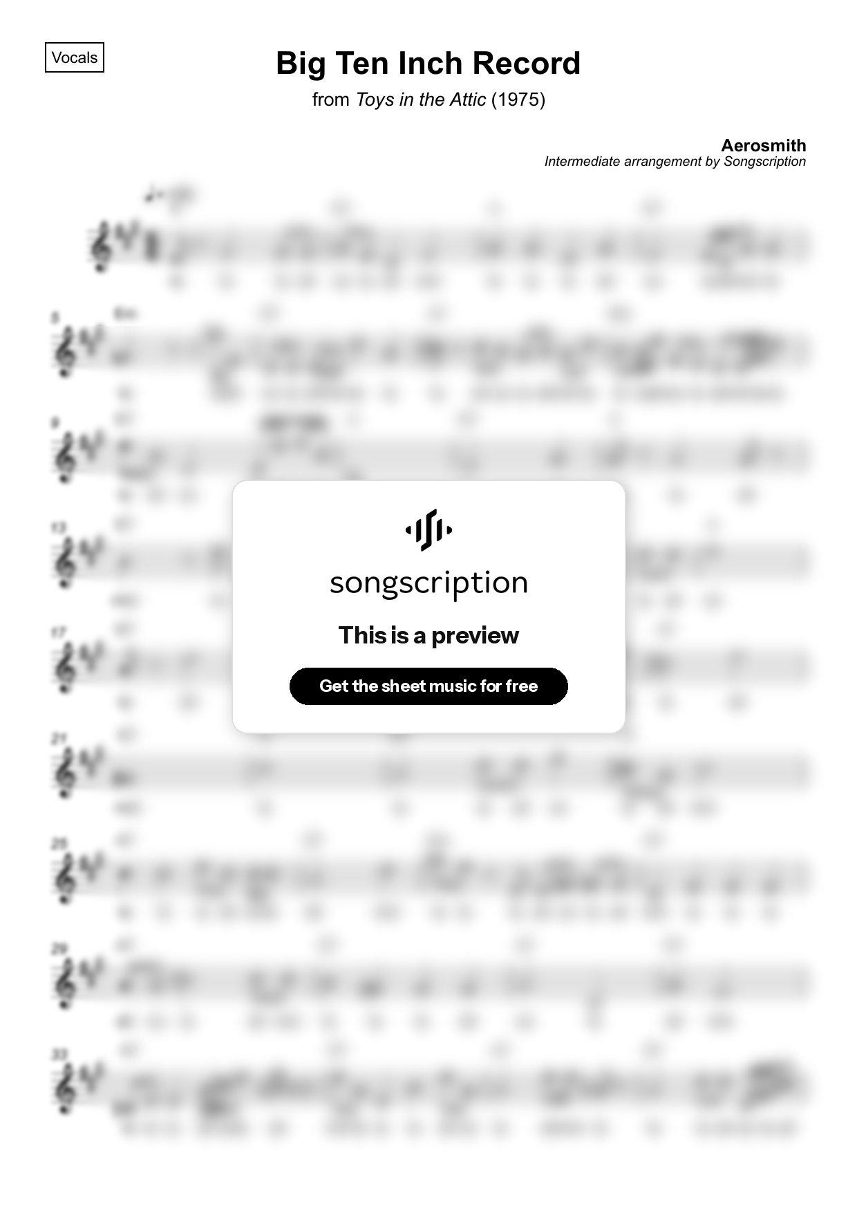 Intermediate Vocals Sheet Music for "Big Ten Inch Record" by Aerosmith