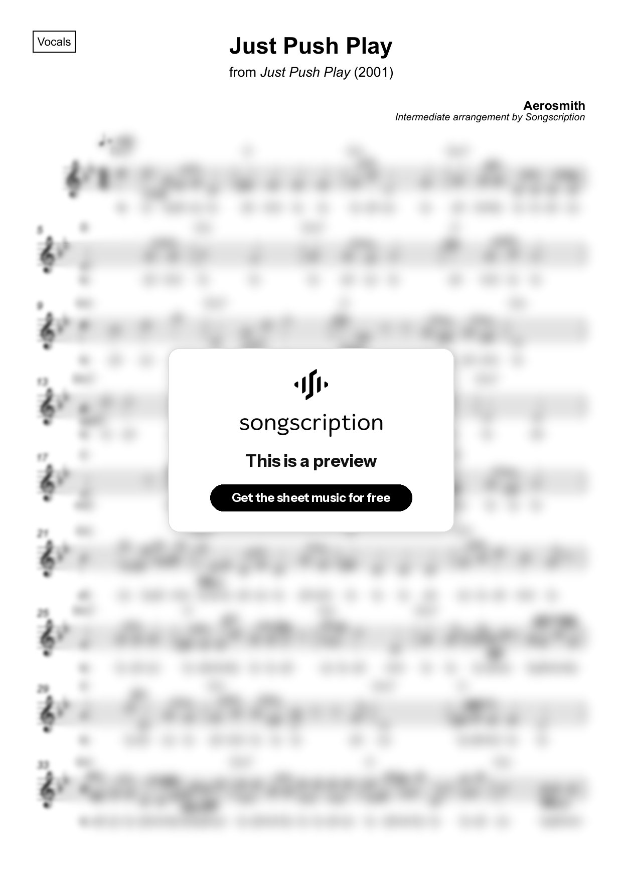 Intermediate Vocals Sheet Music for "Just Push Play" by Aerosmith