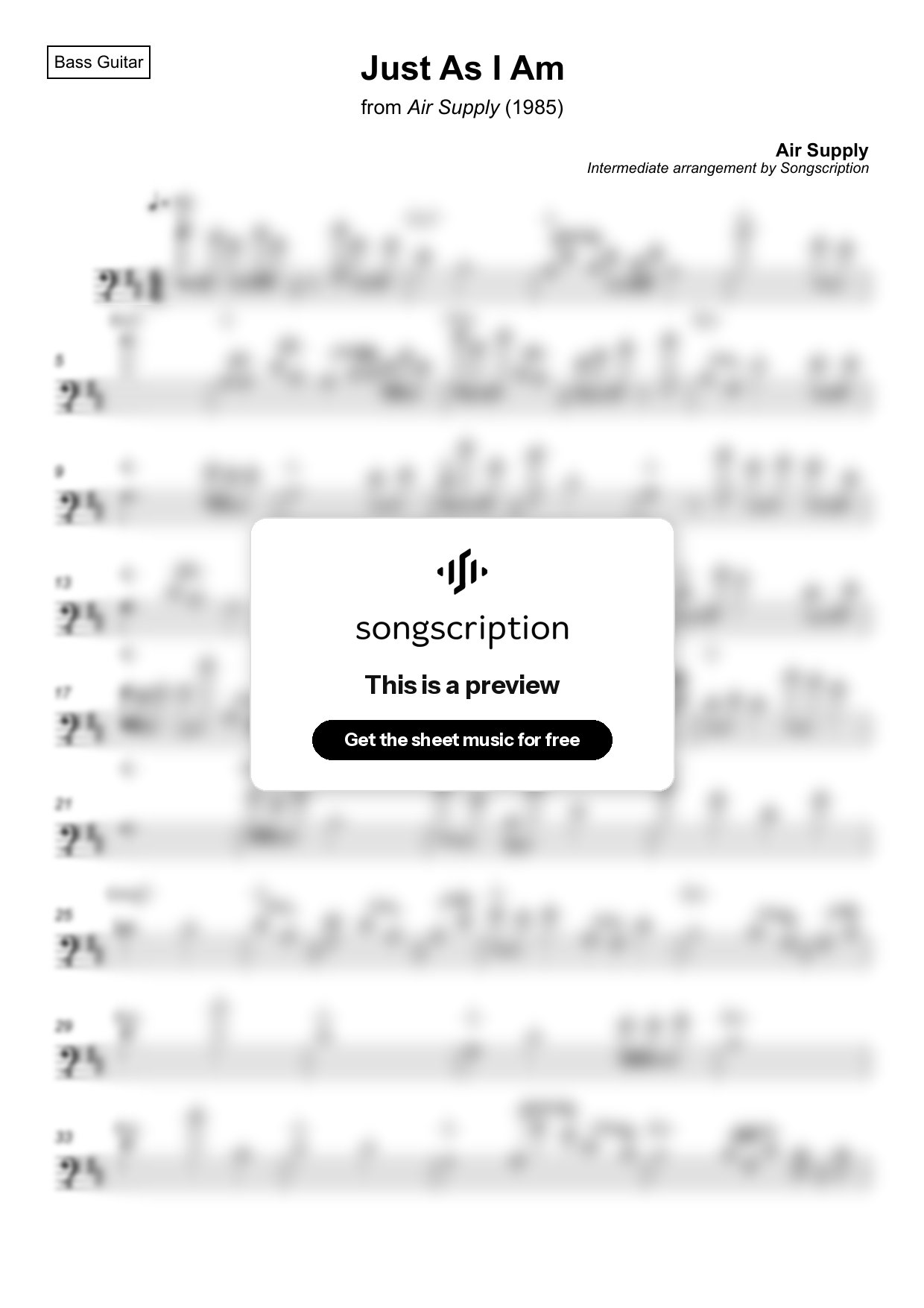Intermediate Bass Guitar Sheet Music for "Just As I Am" by Air Supply