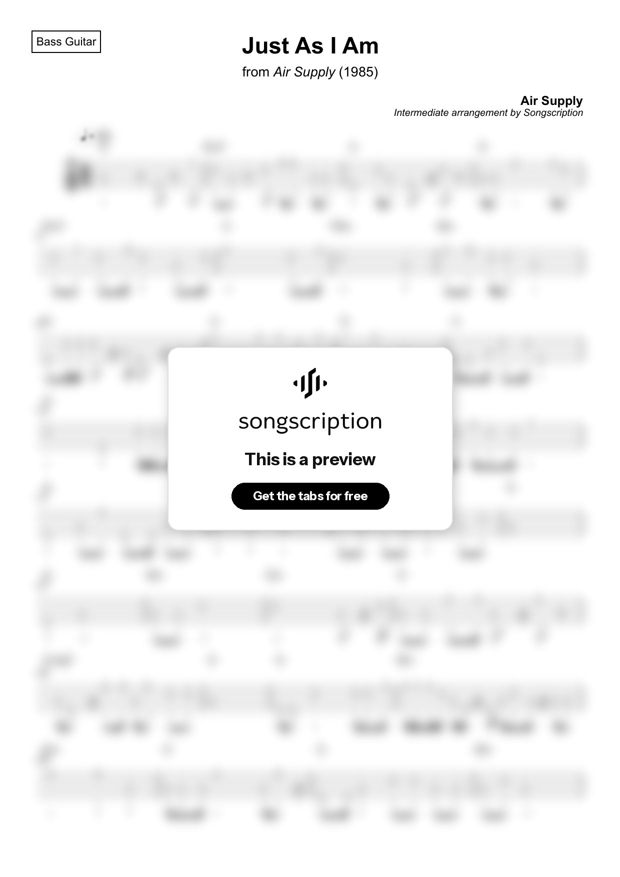 Intermediate Bass Guitar Tabs for "Just As I Am" by Air Supply