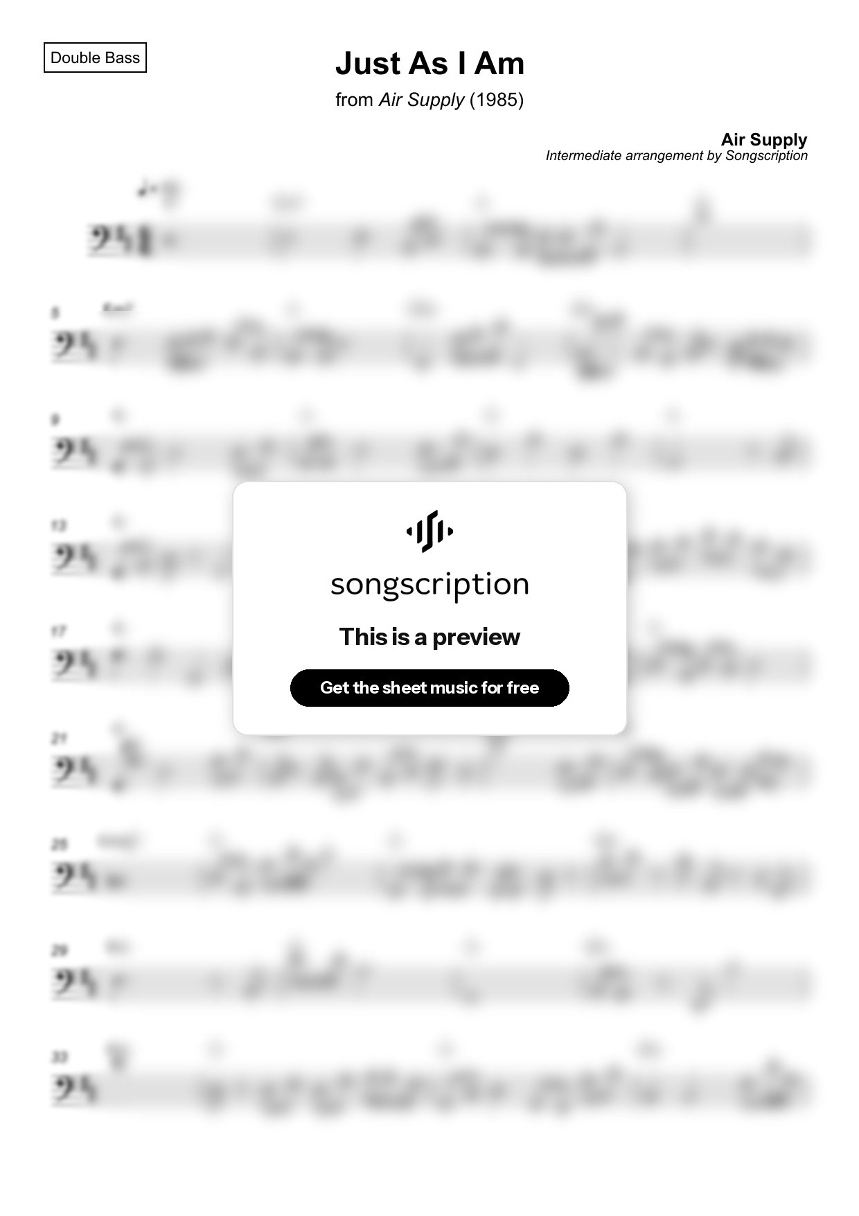 Intermediate Double Bass Sheet Music for "Just As I Am" by Air Supply