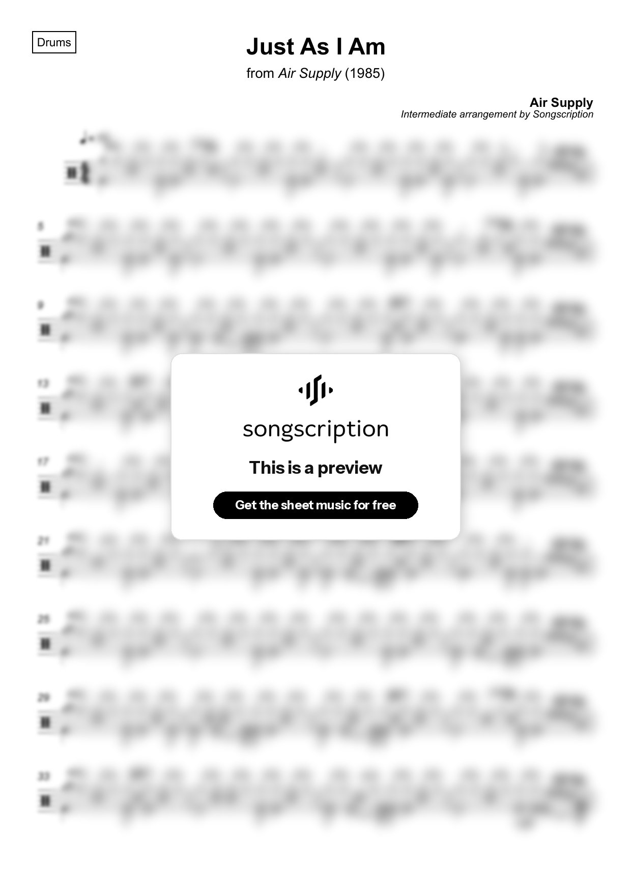 Intermediate Drums Sheet Music for "Just As I Am" by Air Supply