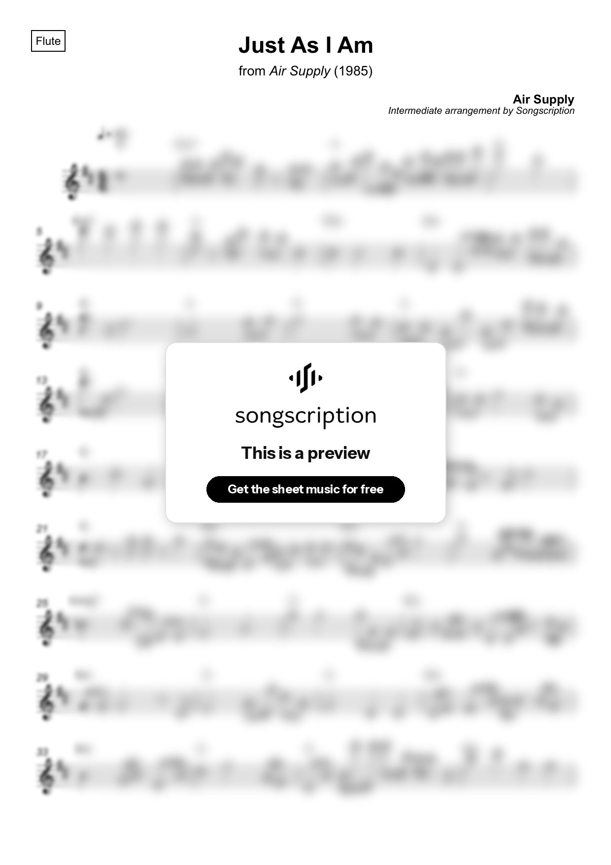 Intermediate Flute Sheet Music for "Just As I Am" by Air Supply