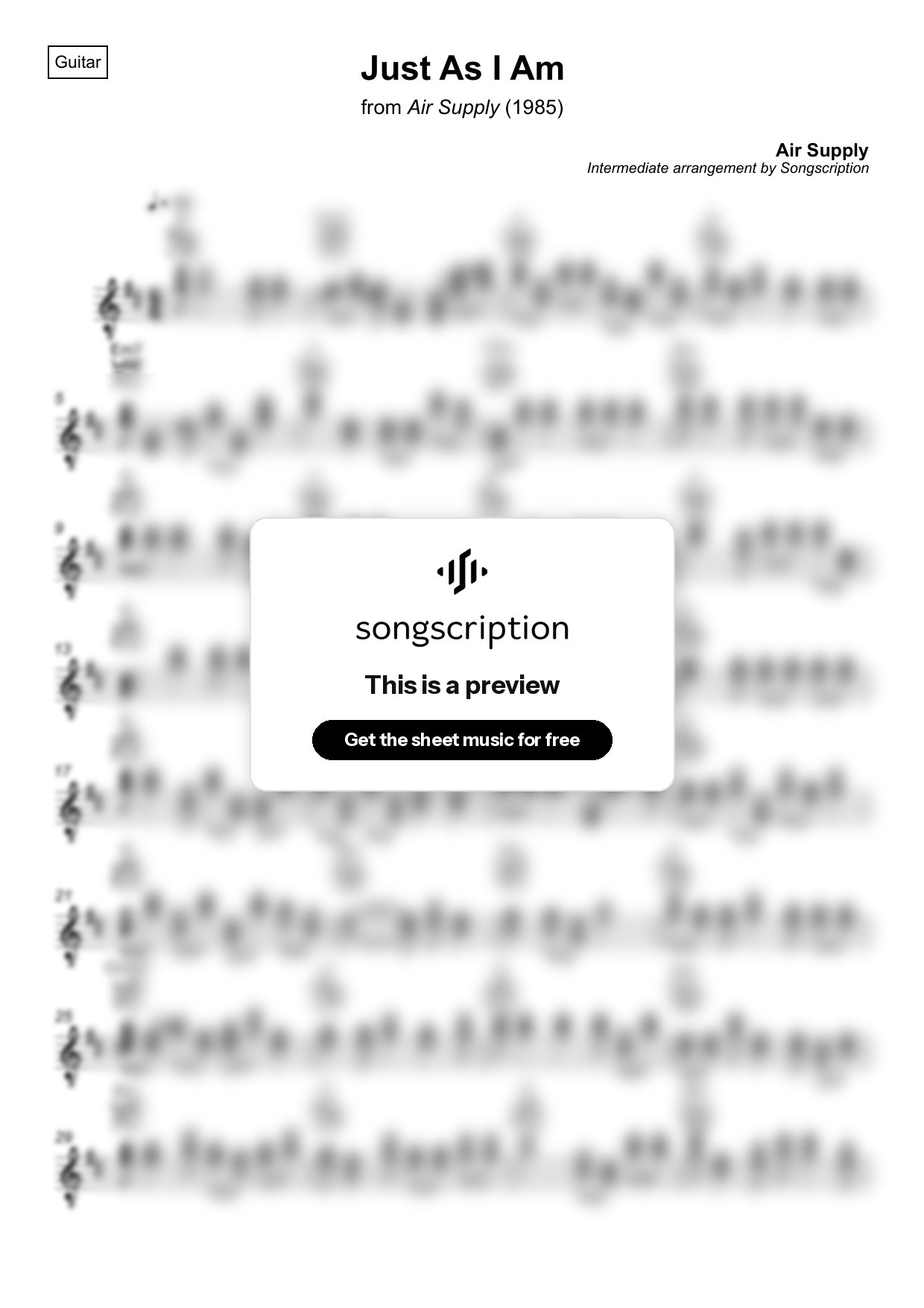 Intermediate Acoustic Guitar Sheet Music for "Just As I Am" by Air Supply