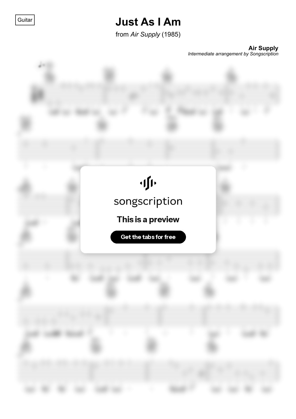 Intermediate Acoustic Guitar Tabs for "Just As I Am" by Air Supply