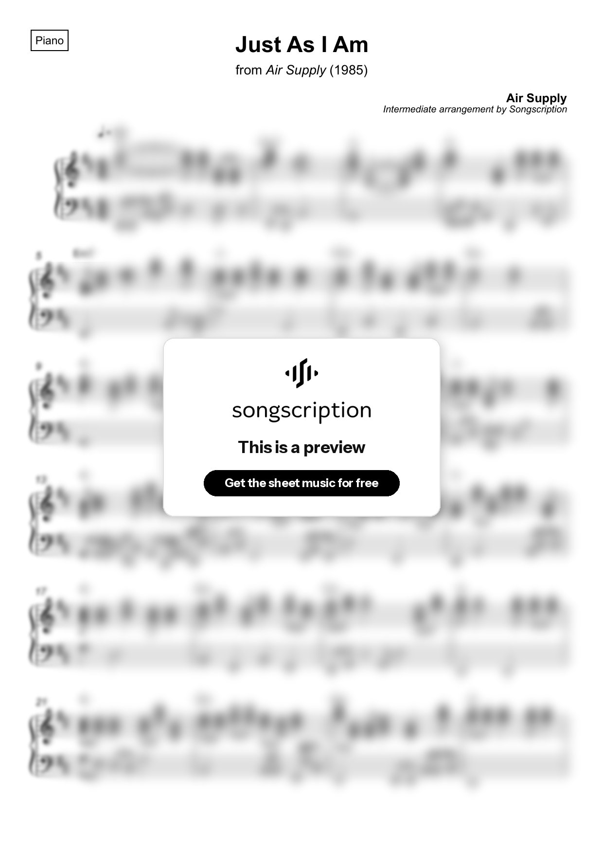 Intermediate Piano Sheet Music for "Just As I Am" by Air Supply