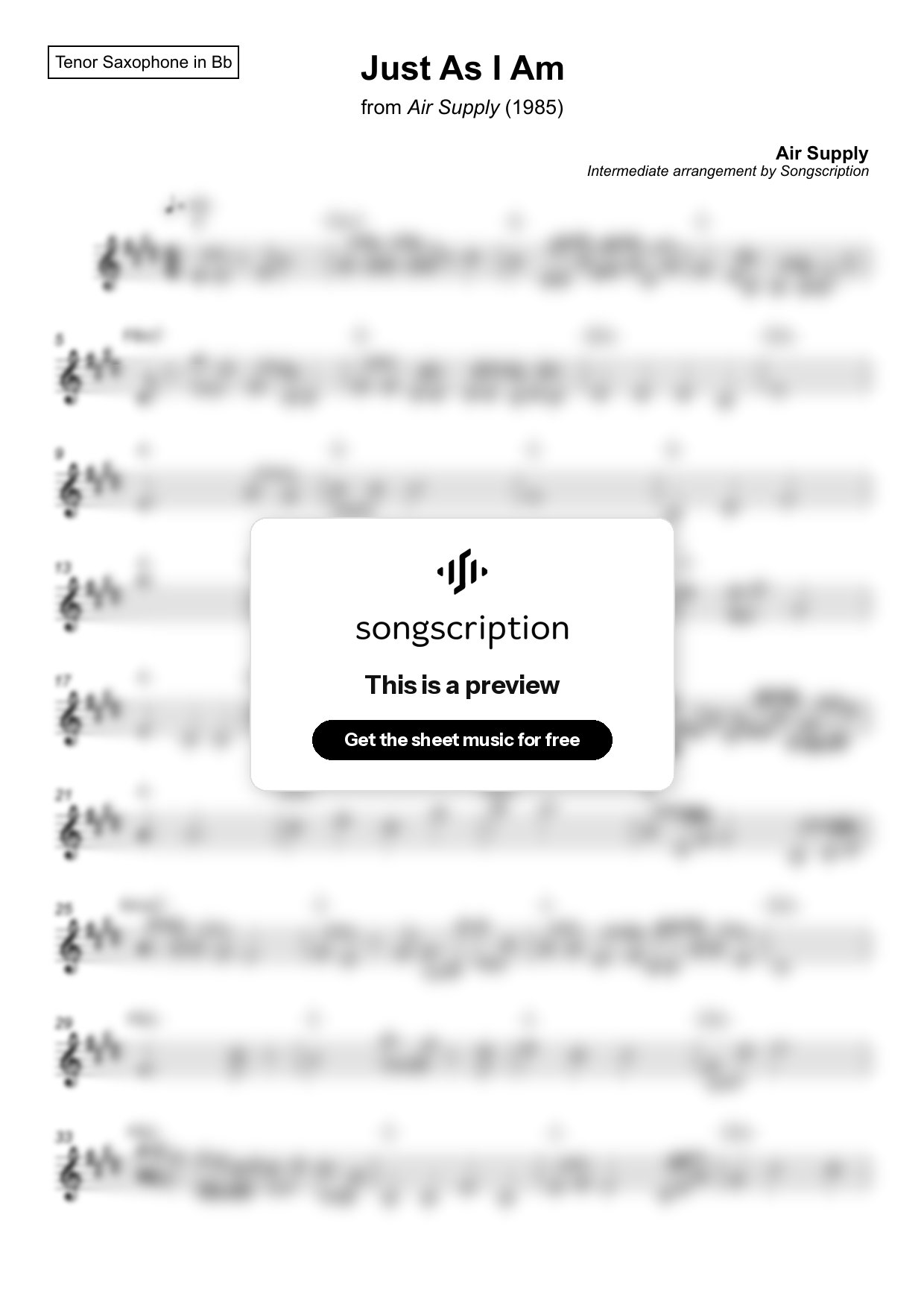 Intermediate Tenor Sax Sheet Music for "Just As I Am" by Air Supply