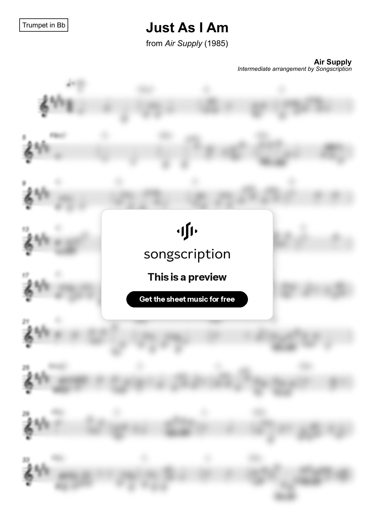 Intermediate Trumpet Sheet Music for "Just As I Am" by Air Supply