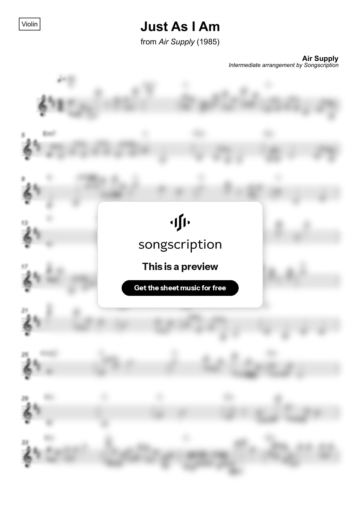 Intermediate Violin Sheet Music for "Just As I Am" by Air Supply
