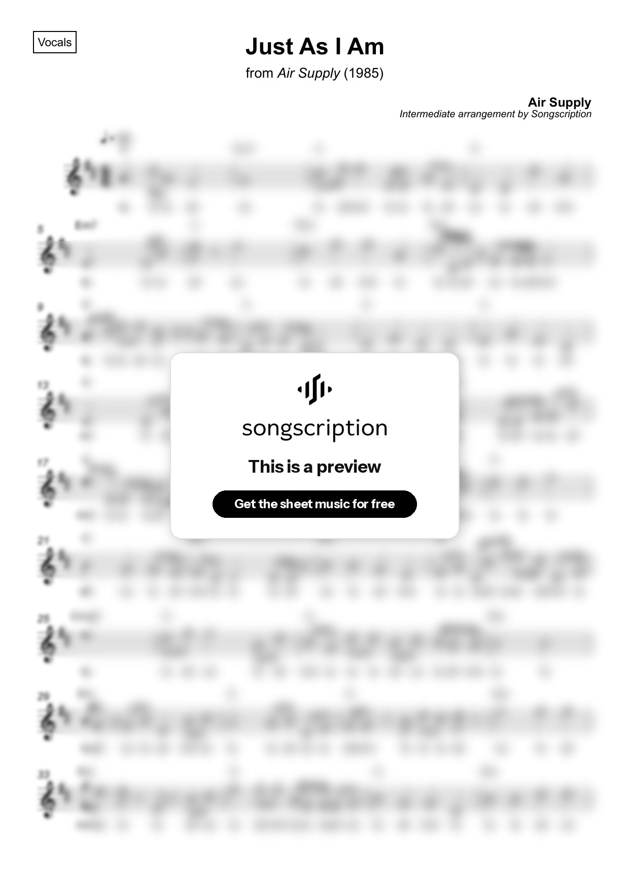 Intermediate Vocals Sheet Music for "Just As I Am" by Air Supply