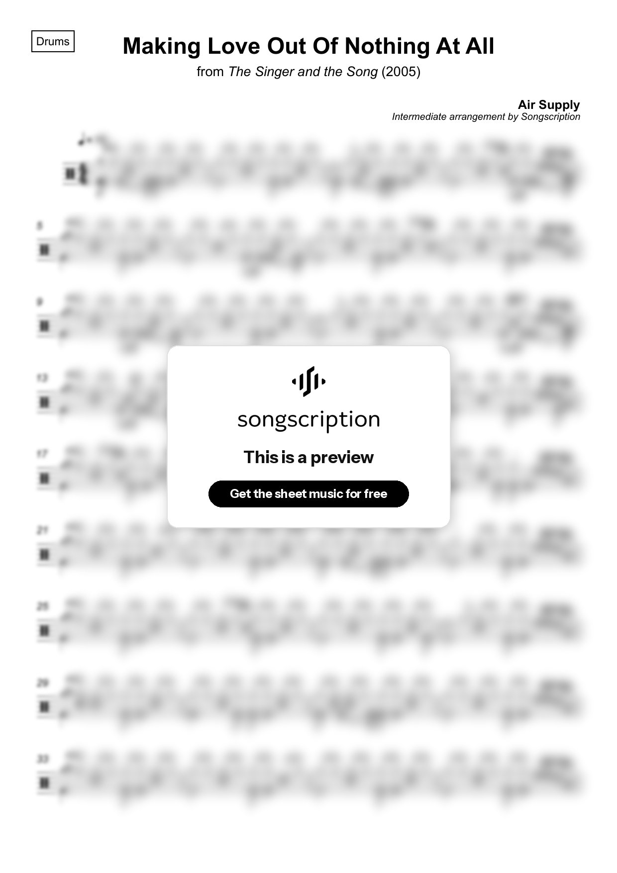 Intermediate Drums Sheet Music for "Making Love Out Of Nothing At All" by Air Supply