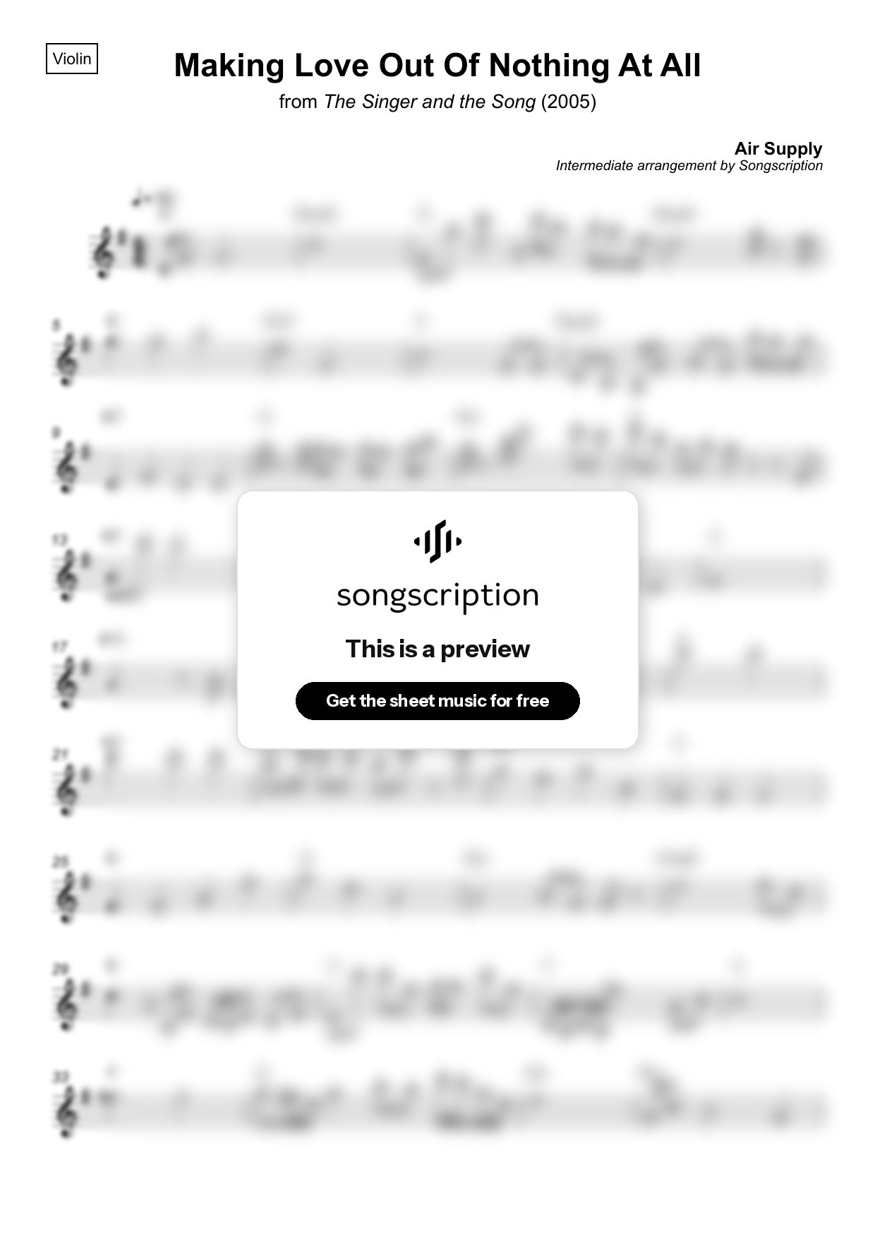 Intermediate Violin Sheet Music for "Making Love Out Of Nothing At All" by Air Supply