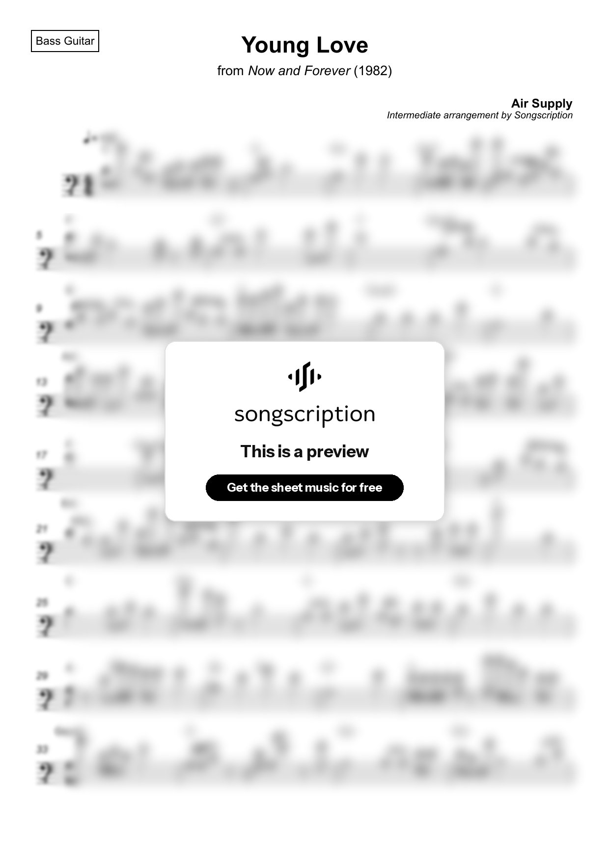 Intermediate Bass Guitar Sheet Music for "Young Love" by Air Supply