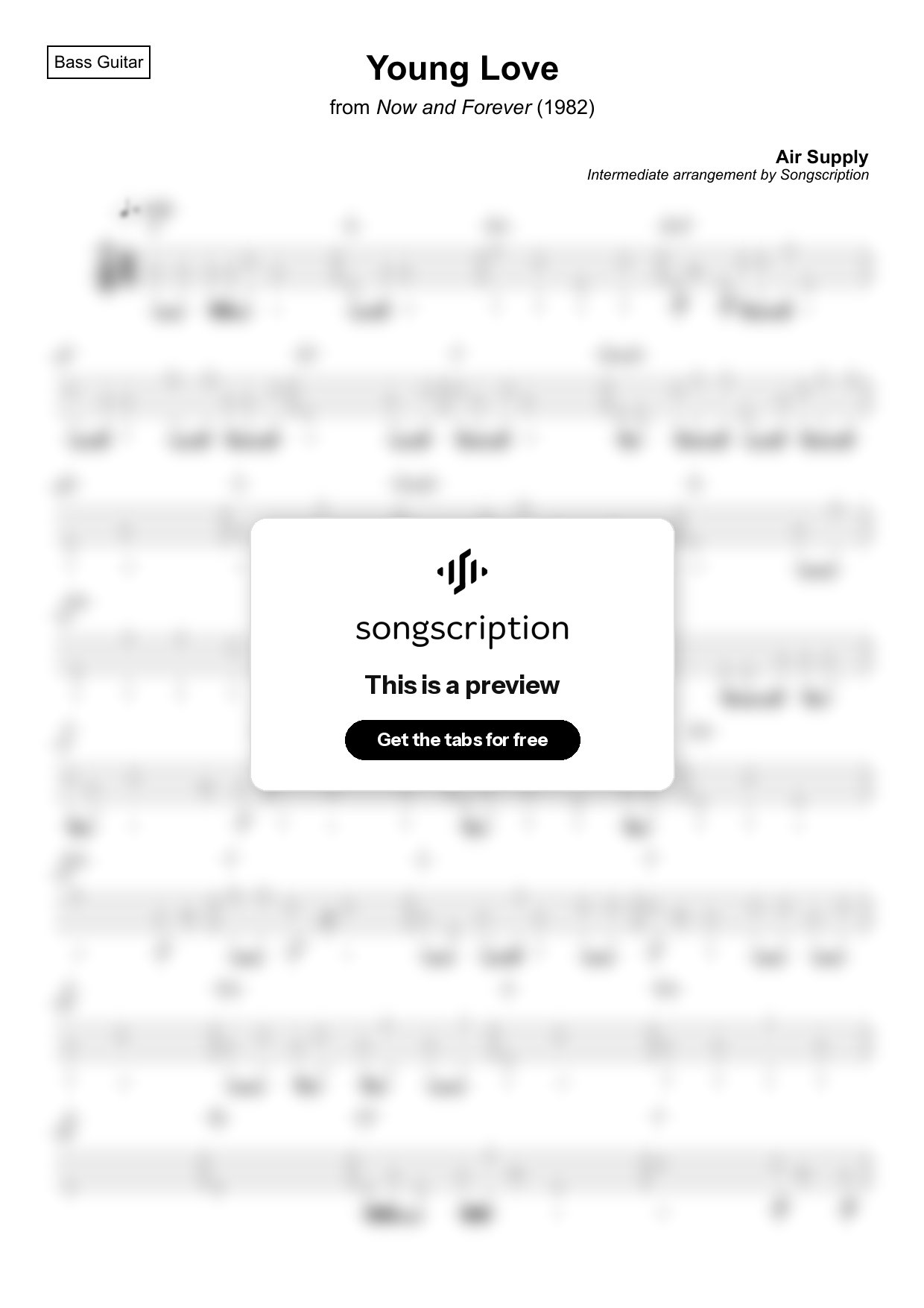 Intermediate Bass Guitar Tabs for "Young Love" by Air Supply