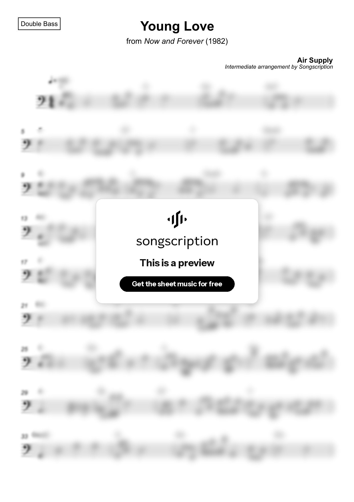 Intermediate Double Bass Sheet Music for "Young Love" by Air Supply