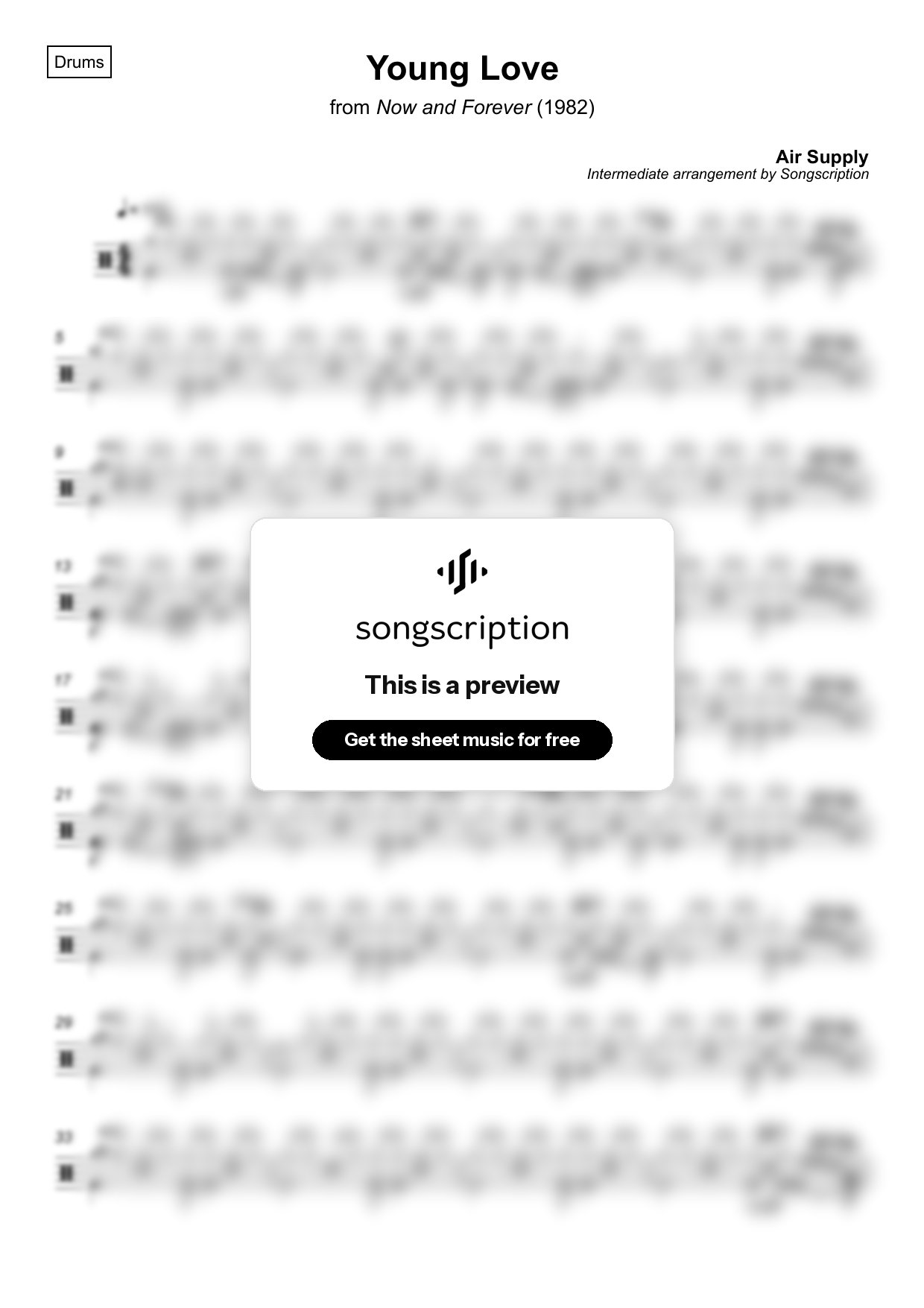 Intermediate Drums Sheet Music for "Young Love" by Air Supply