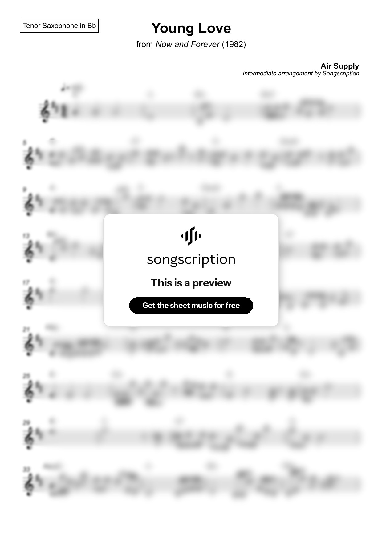 Intermediate Tenor Sax Sheet Music for "Young Love" by Air Supply