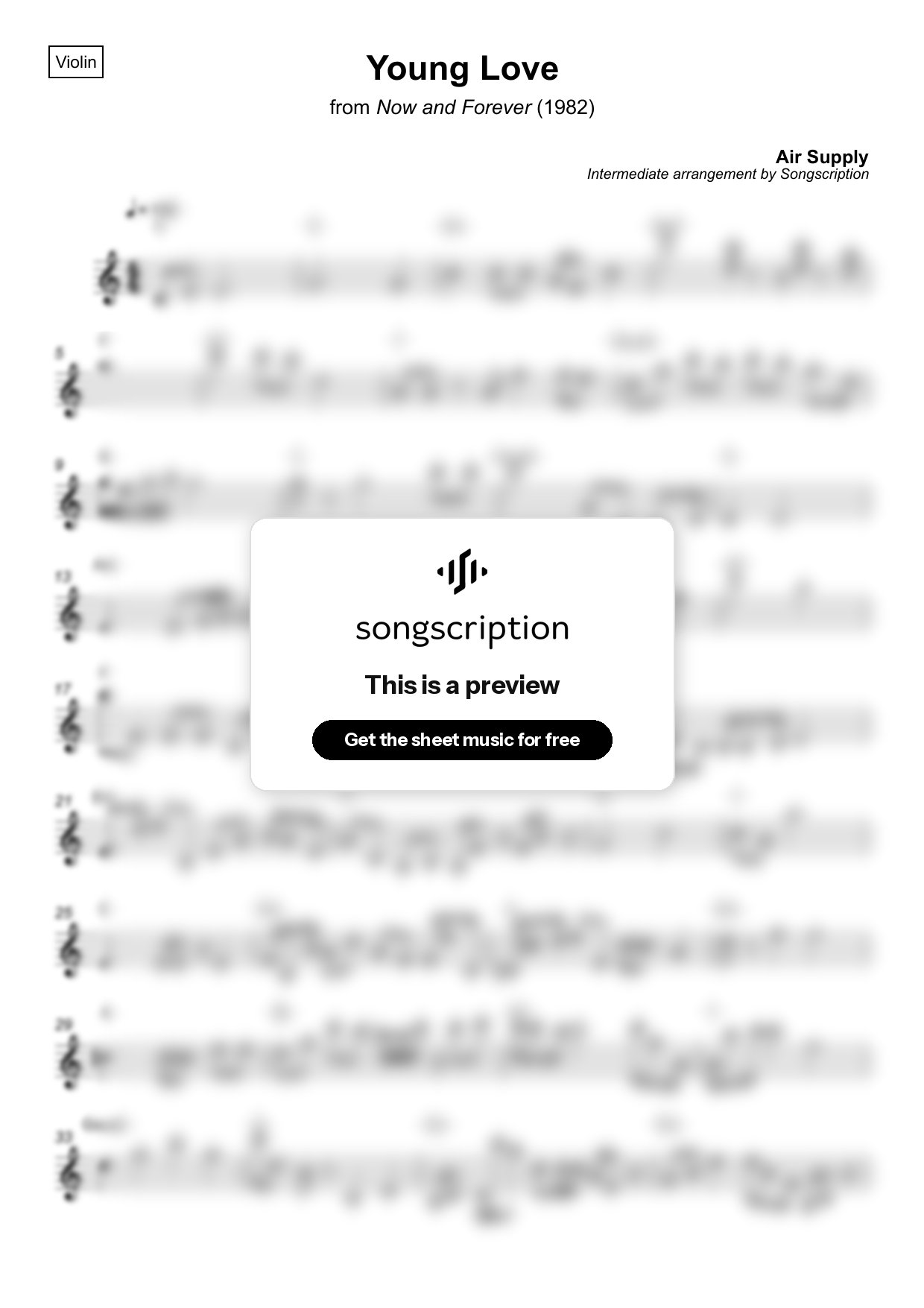 Intermediate Violin Sheet Music for "Young Love" by Air Supply