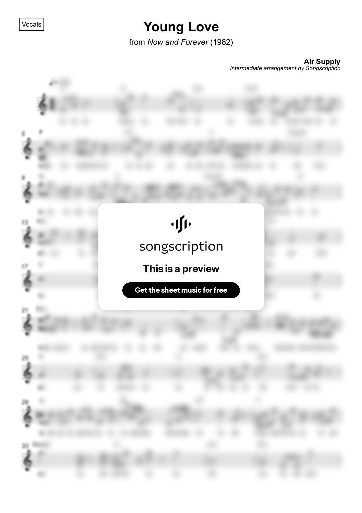 Intermediate Vocals Sheet Music for "Young Love" by Air Supply