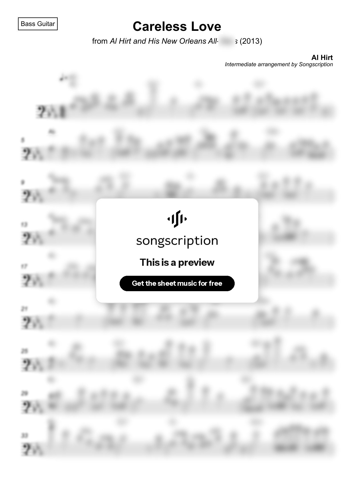 Intermediate Bass Guitar Sheet Music for "Careless Love" by Al Hirt