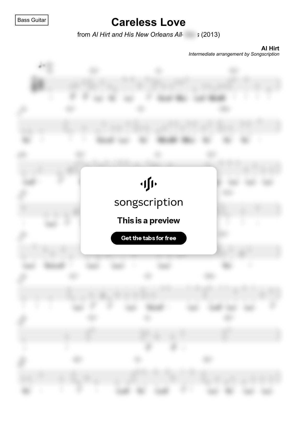 Intermediate Bass Guitar Tabs for "Careless Love" by Al Hirt
