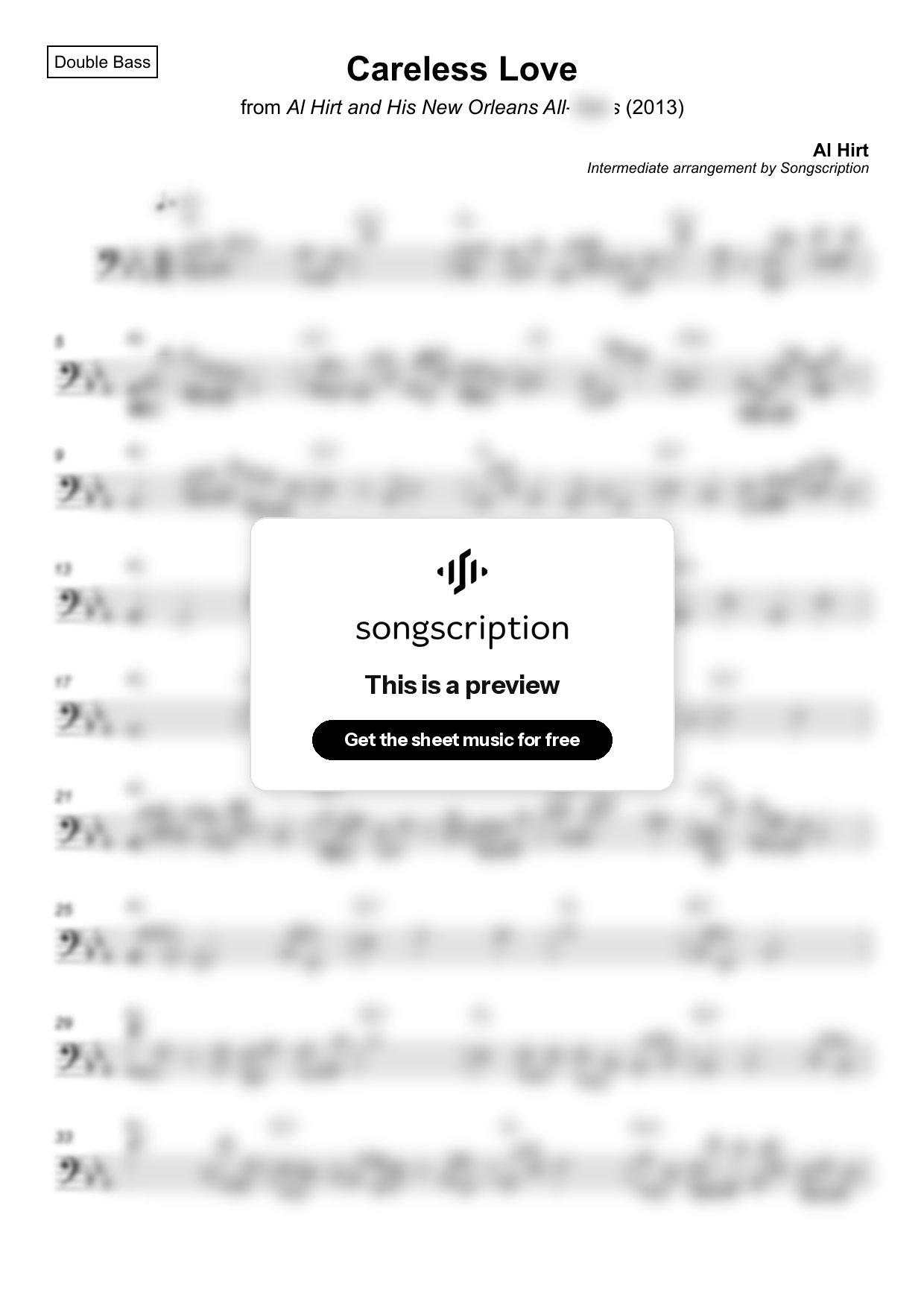 Intermediate Double Bass Sheet Music for "Careless Love" by Al Hirt