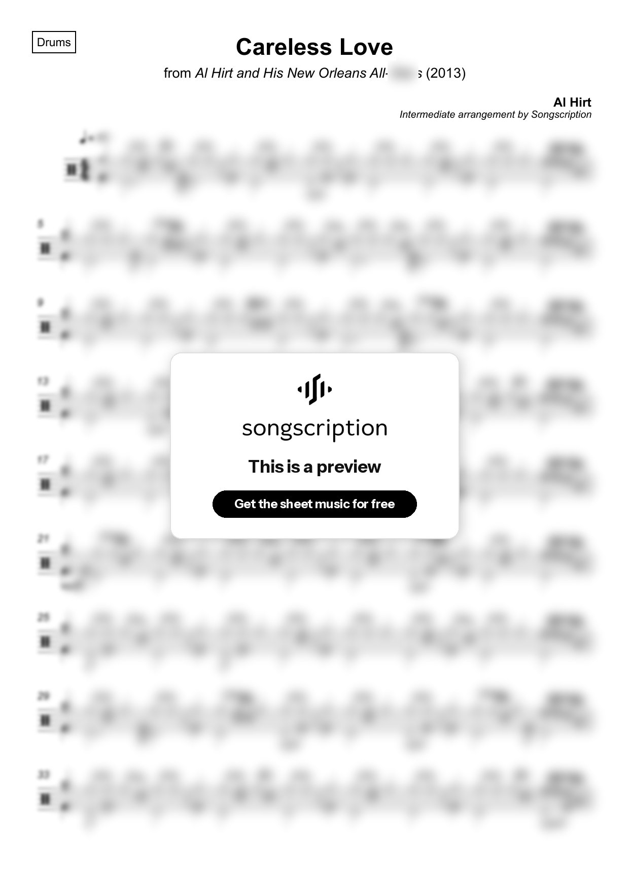Intermediate Drums Sheet Music for "Careless Love" by Al Hirt