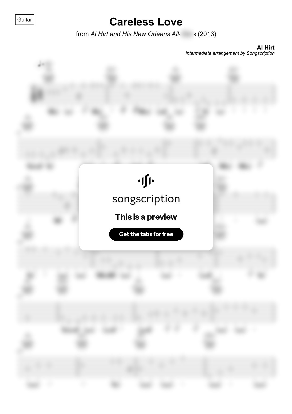 Intermediate Acoustic Guitar Tabs for "Careless Love" by Al Hirt
