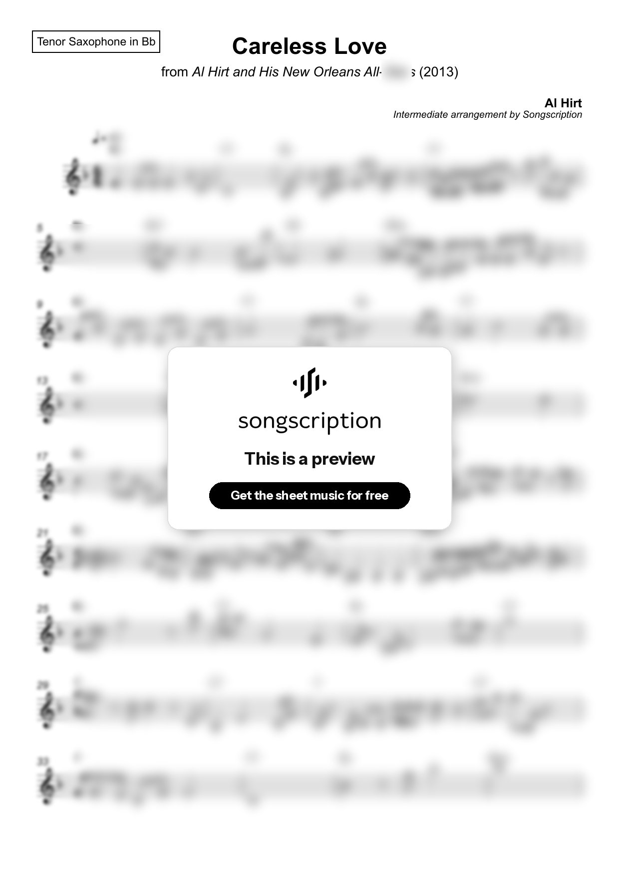 Intermediate Tenor Sax Sheet Music for "Careless Love" by Al Hirt