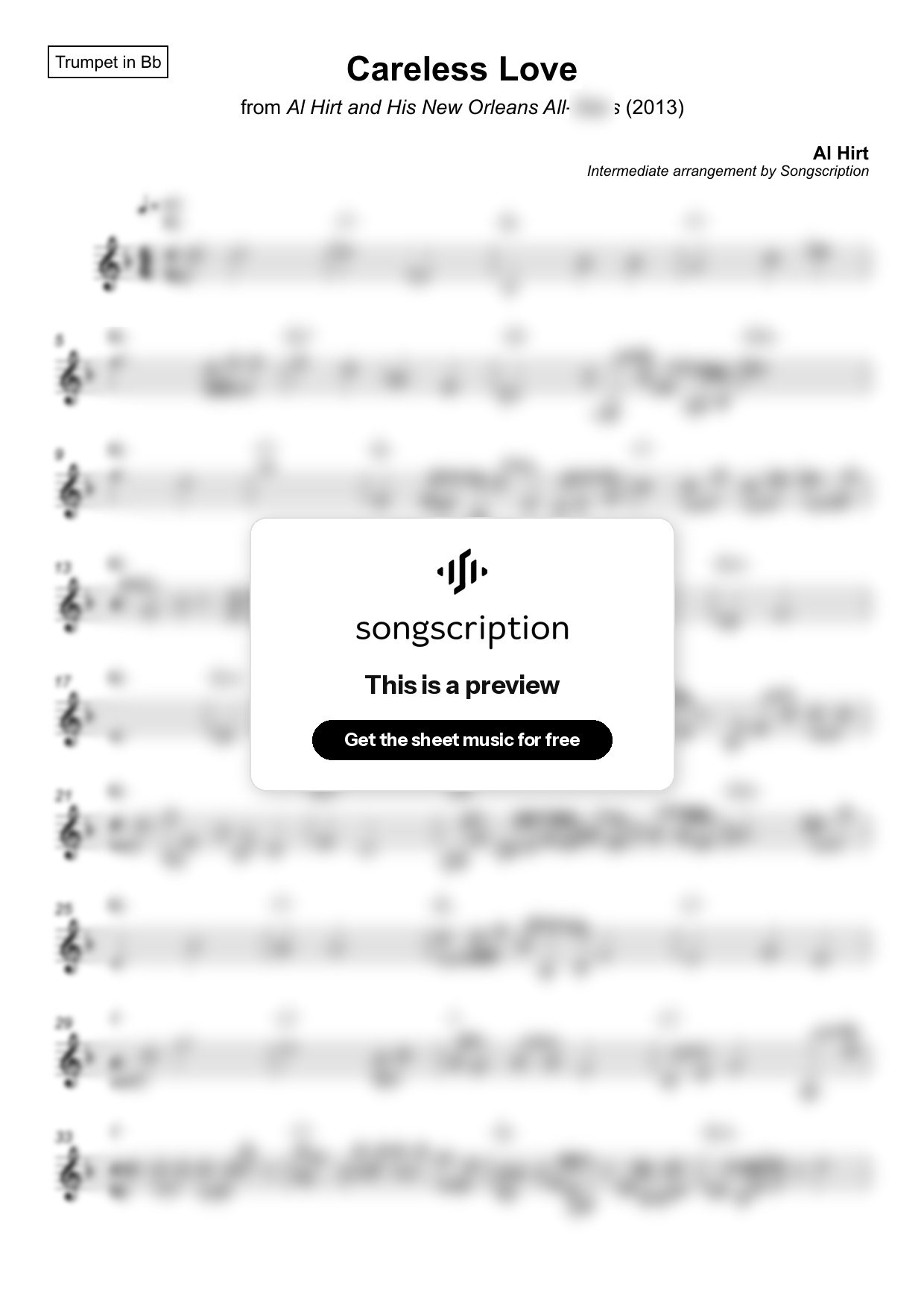Intermediate Trumpet Sheet Music for "Careless Love" by Al Hirt