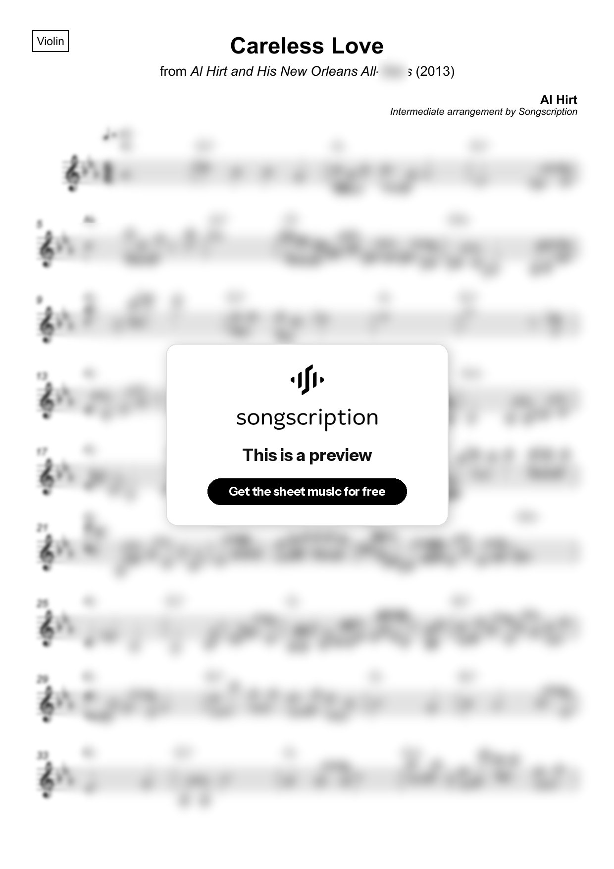 Intermediate Violin Sheet Music for "Careless Love" by Al Hirt
