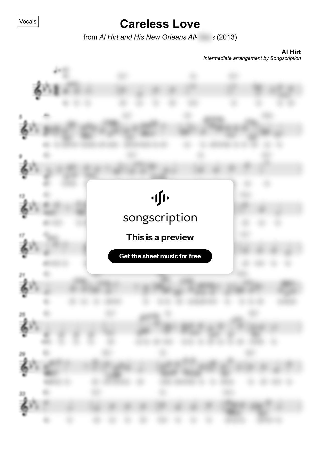 Intermediate Vocals Sheet Music for "Careless Love" by Al Hirt