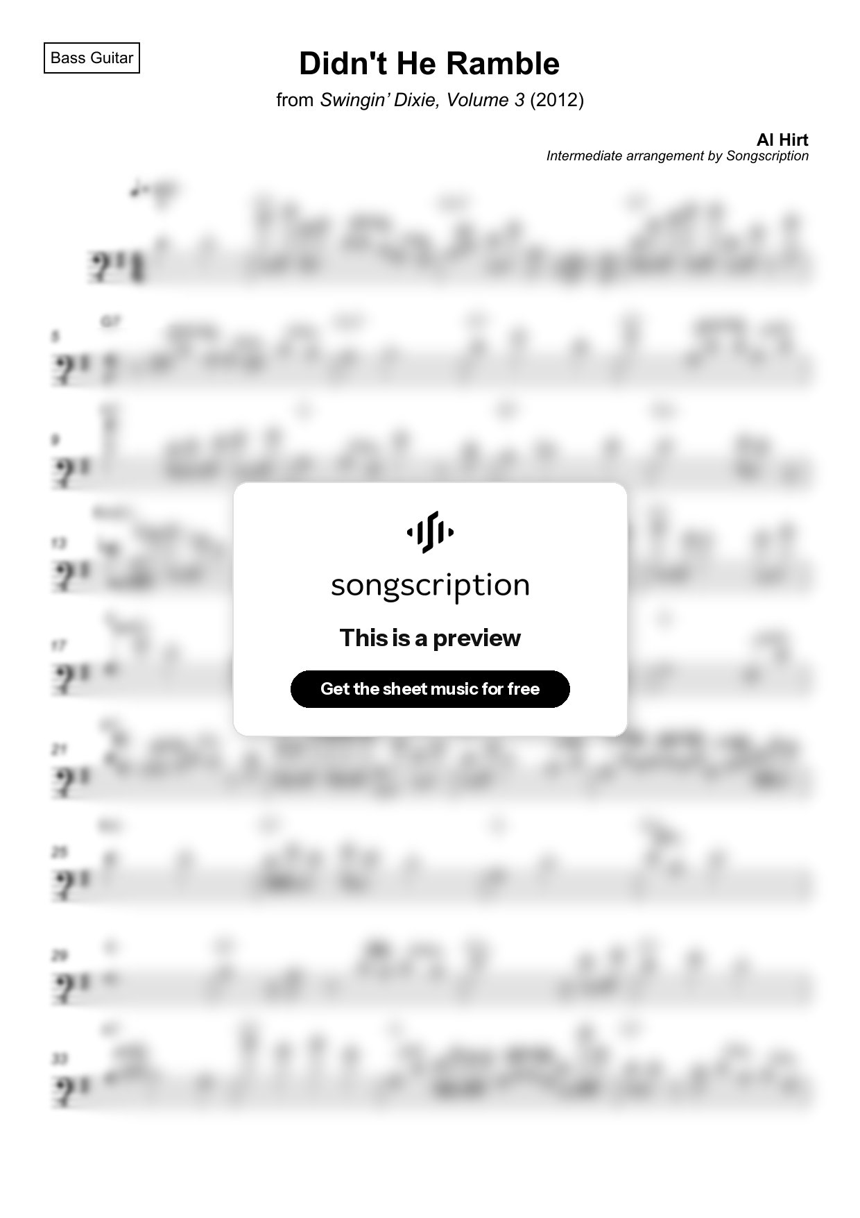 Intermediate Bass Guitar Sheet Music for "Didn't He Ramble" by Al Hirt