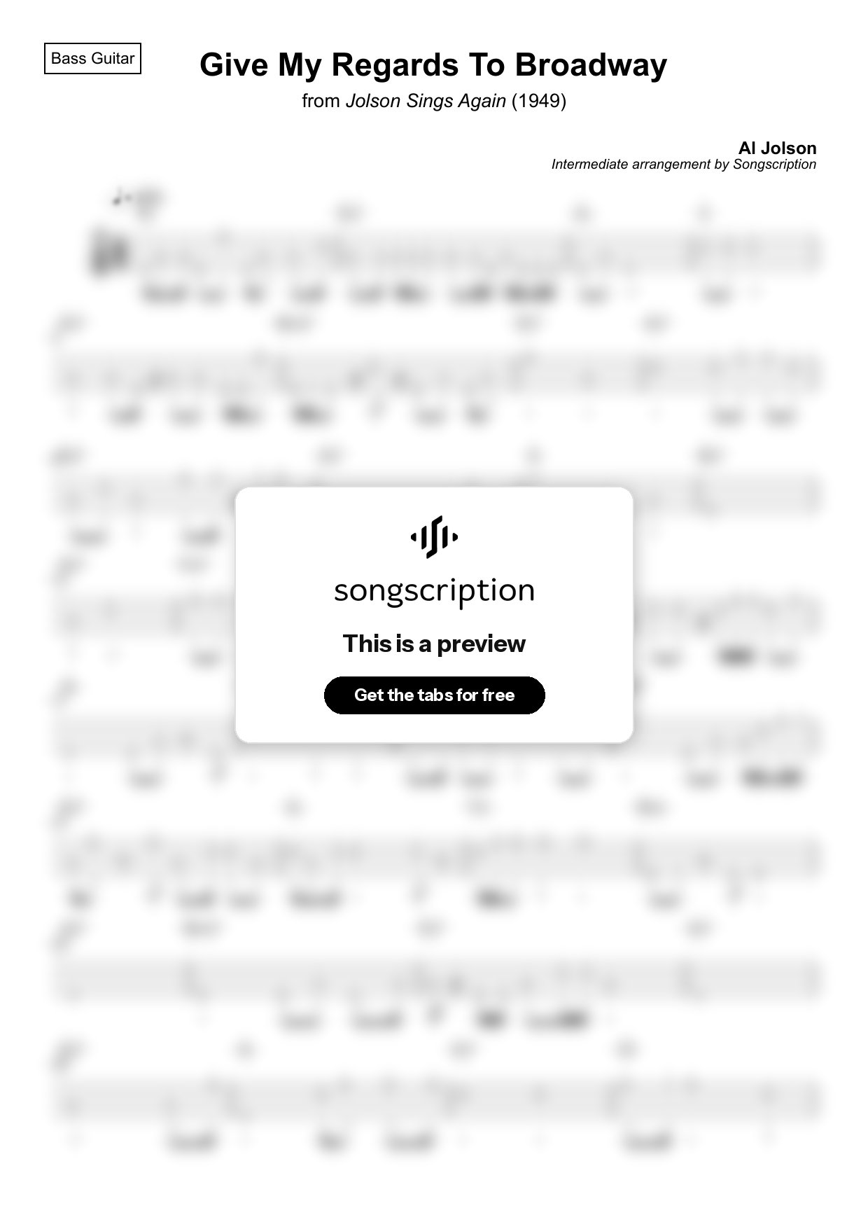 Intermediate Bass Guitar Tabs for "Give My Regards To Broadway" by Al Jolson
