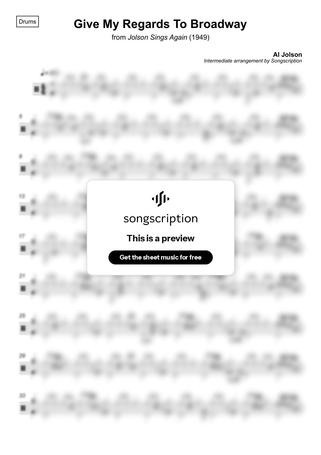 Intermediate Drums Sheet Music for "Give My Regards To Broadway" by Al Jolson