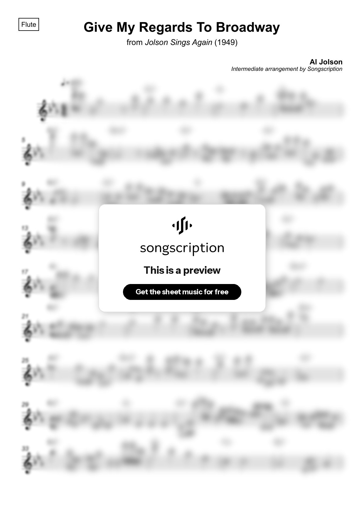 Intermediate Flute Sheet Music for "Give My Regards To Broadway" by Al Jolson