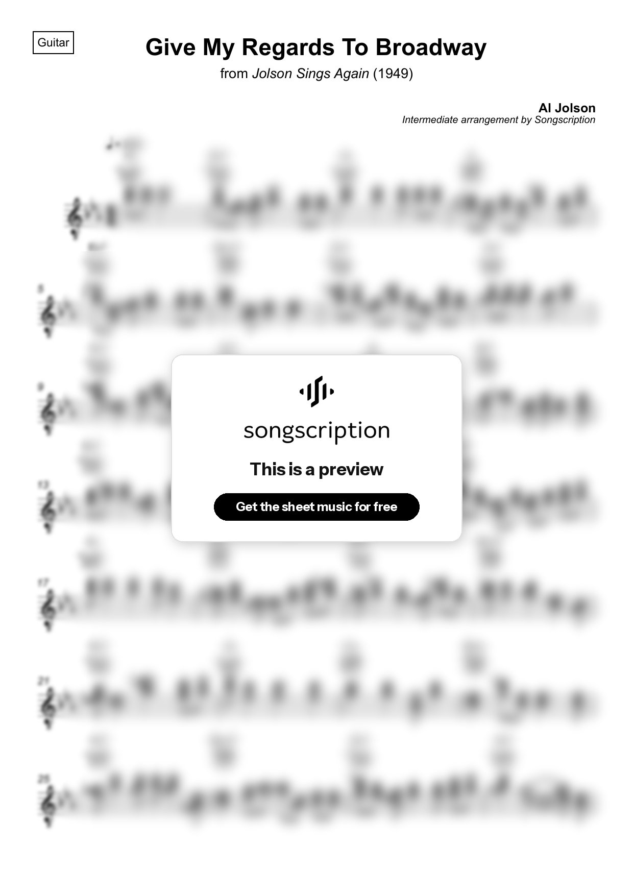 Intermediate Acoustic Guitar Sheet Music for "Give My Regards To Broadway" by Al Jolson