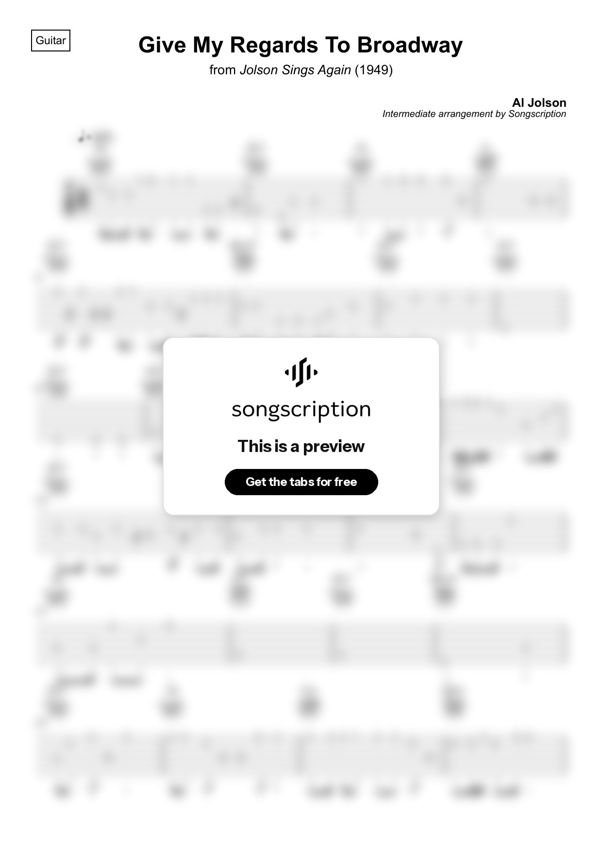 Intermediate Acoustic Guitar Tabs for "Give My Regards To Broadway" by Al Jolson