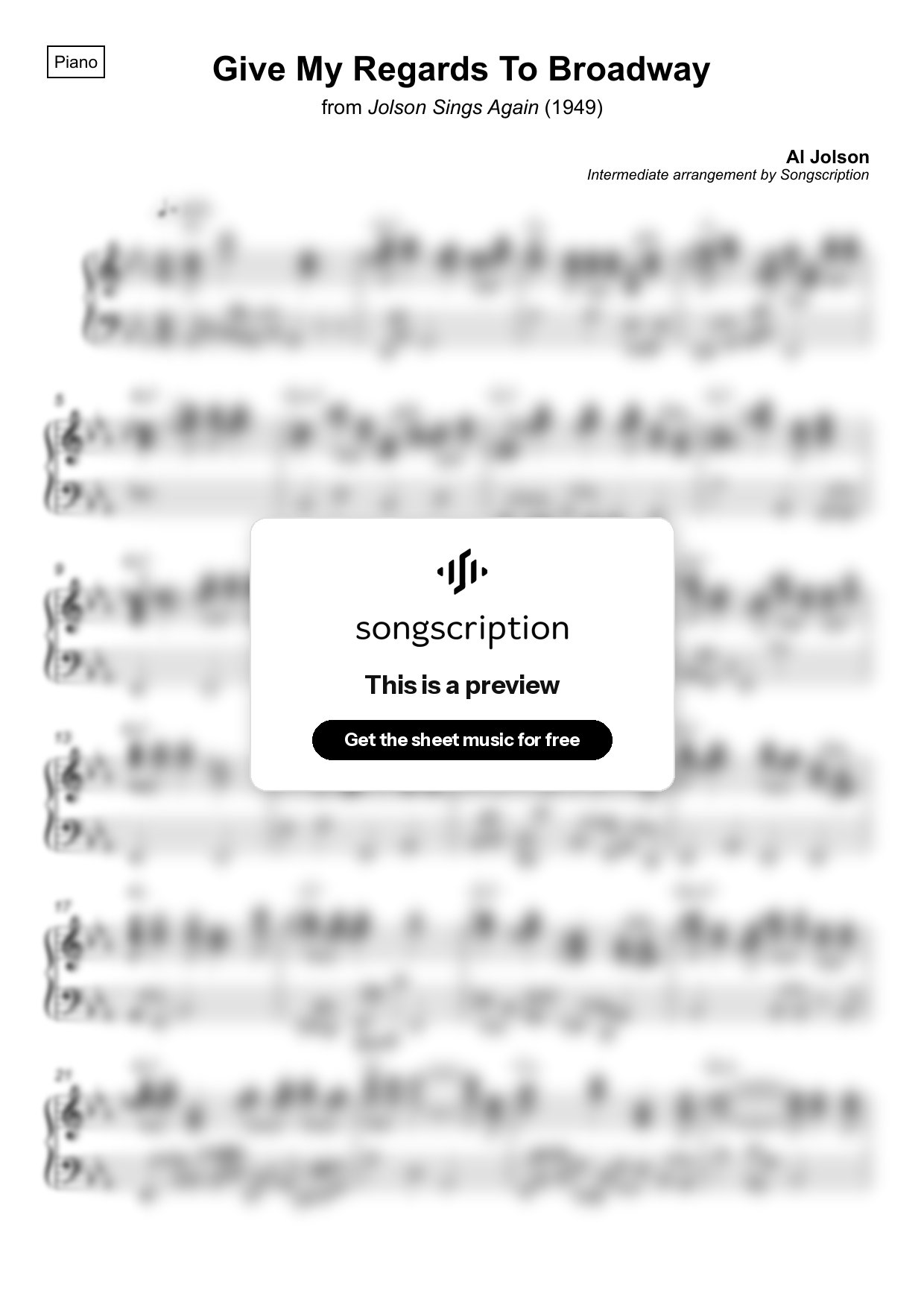 Intermediate Piano Sheet Music for "Give My Regards To Broadway" by Al Jolson