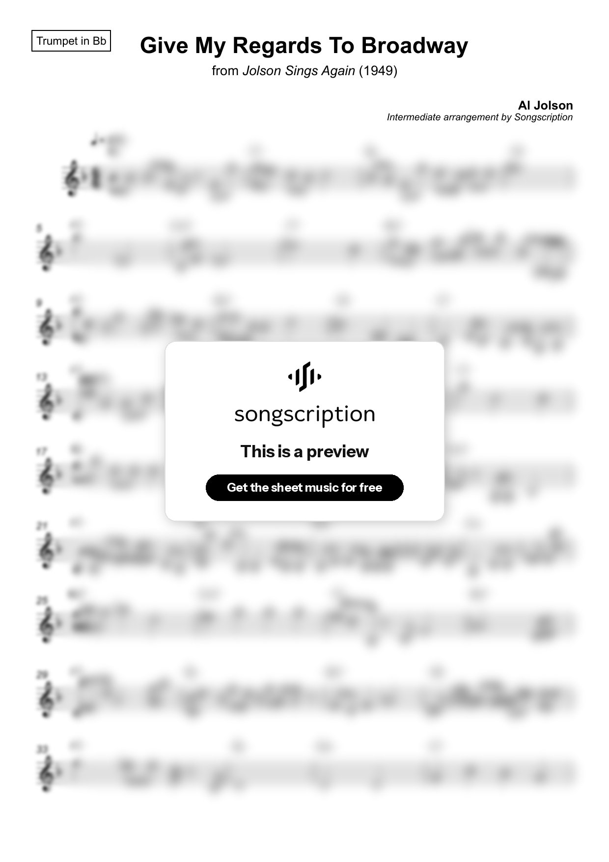 Intermediate Trumpet Sheet Music for "Give My Regards To Broadway" by Al Jolson