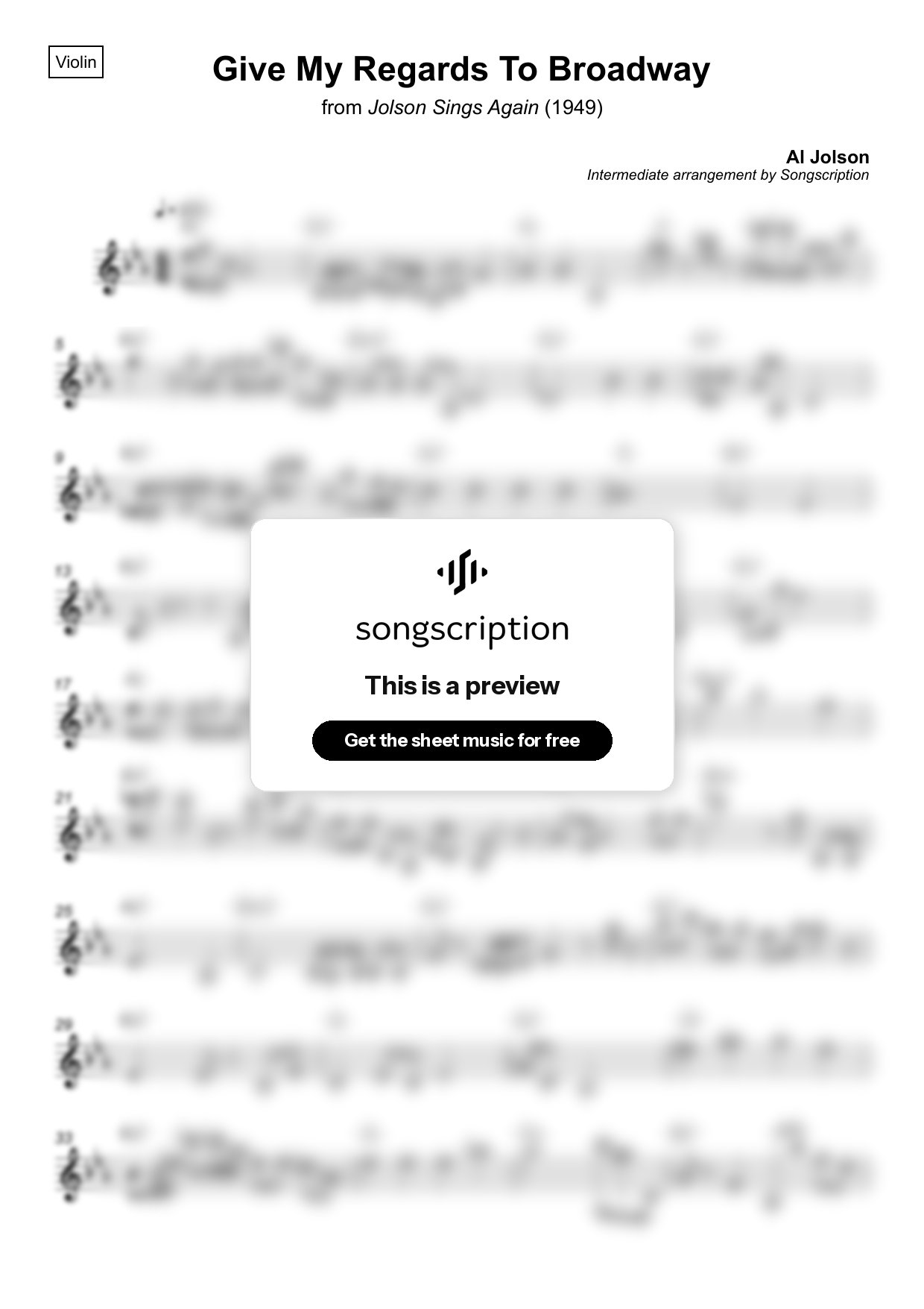 Intermediate Violin Sheet Music for "Give My Regards To Broadway" by Al Jolson